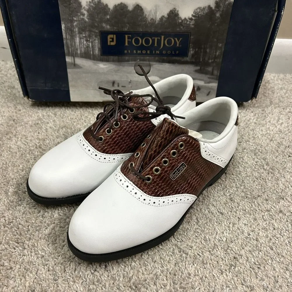 Footjoy Dryjoy Rubber Golf Shoes Womens‎ 5 M White Brown Leather New W Defects